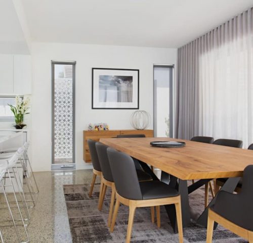 Sheer Curtains Framing Dining Area Beside Kitchen With Table and Chairs — Winning Blinds in Cardiff, NSW Sheer Curtains Framing Dining Area Beside Kitchen With Table and Chairs — Winning Blinds in Cardiff, NSW